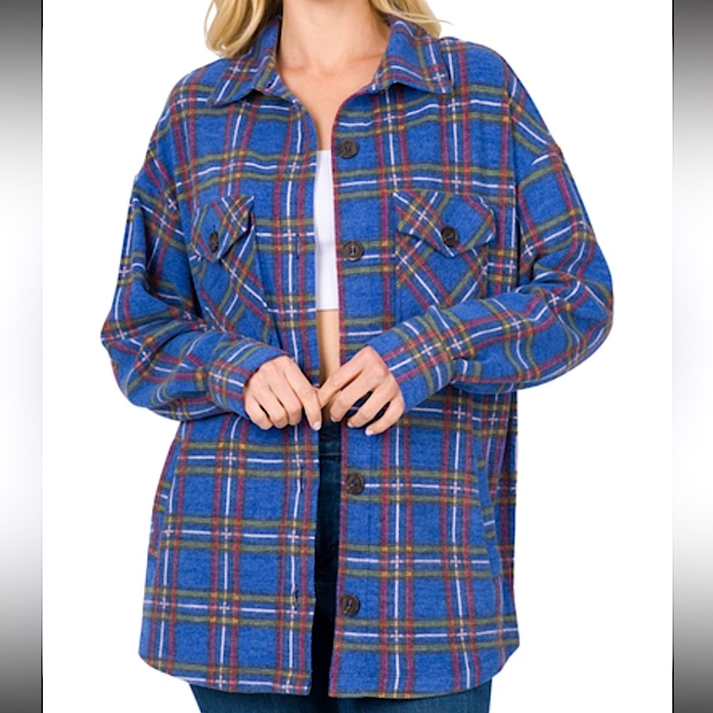 🍒BOGO50%🍒🆕💙ZENANA: ROYAL Plaid Button Up Shacket SMALL